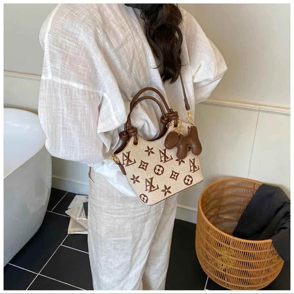 Designer Cream & Beige Monogram Canvas Crossbody Bag - Picture 2 of 12